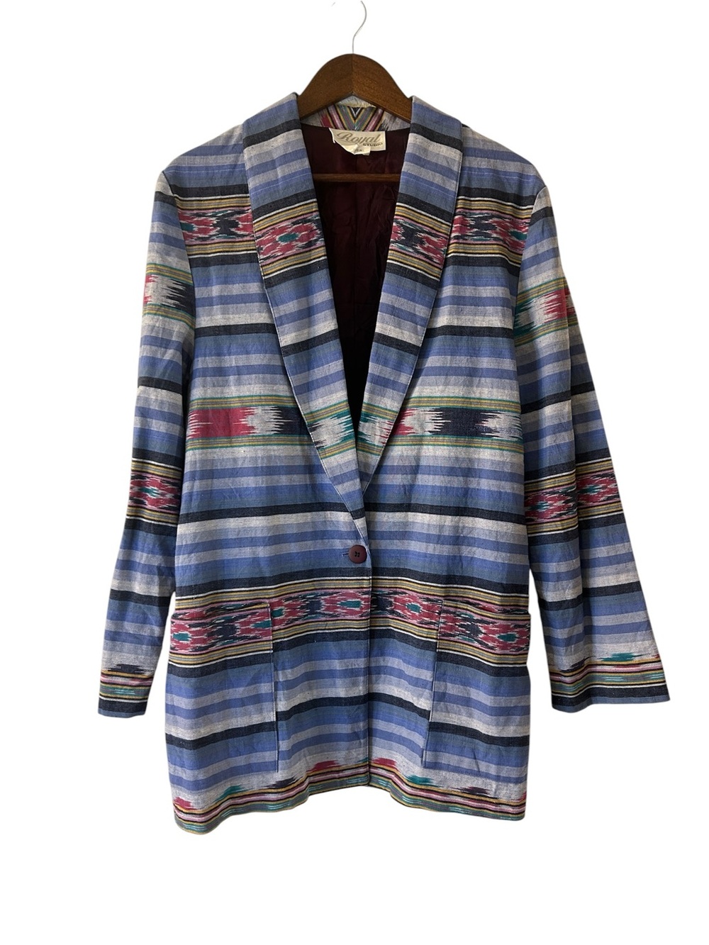 Royal Studio Southwestern Aztec Stripe Cotton Blazer Women’s L Blue Boho Western